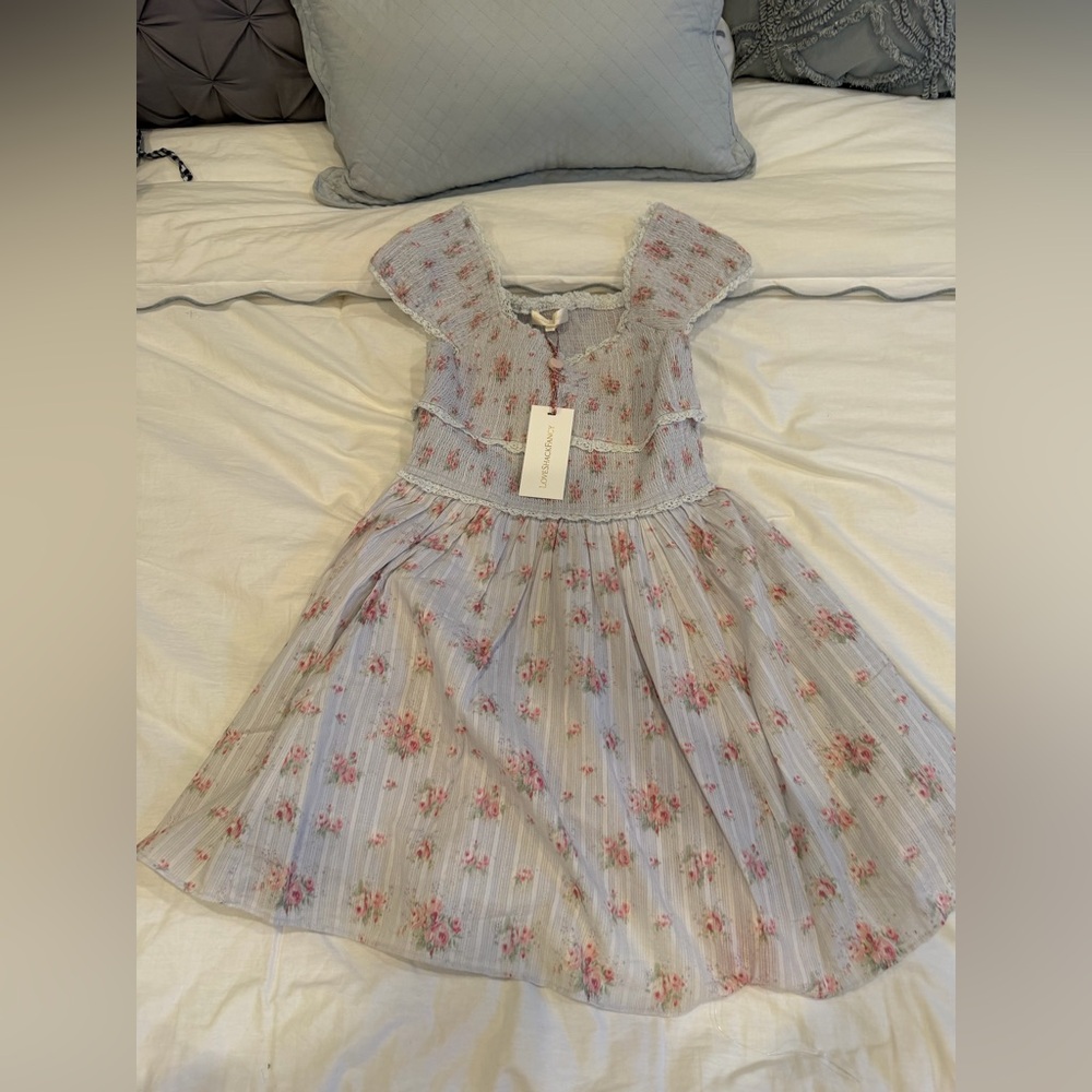 LoveShackFancy Blue Floral Mini Dress with Pink Roses